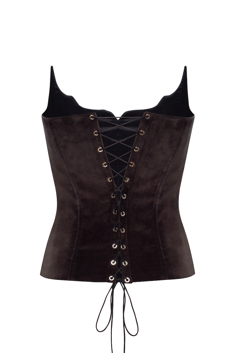 PODYH Saray brown corset top with structured design and lace-up front, displayed on a mannequin.