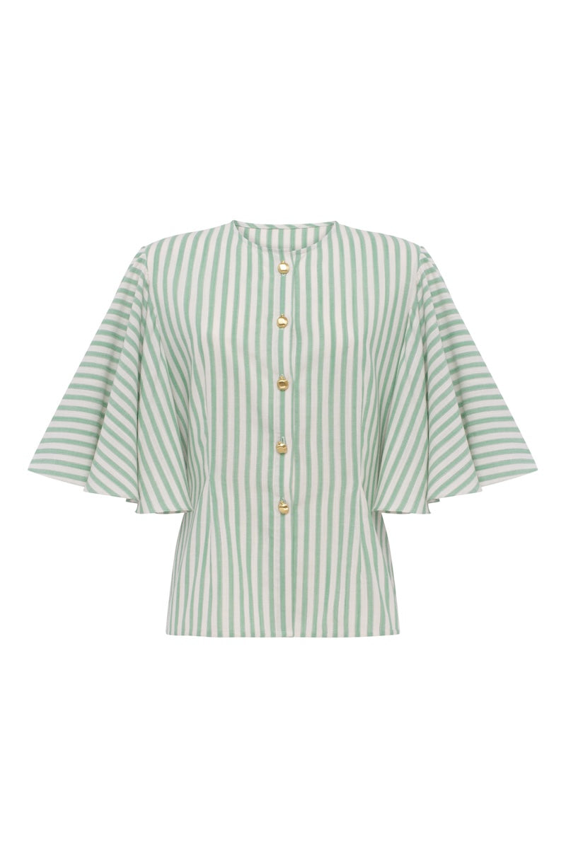 PODYH NAR blouse in green and white, stylish shirt with a relaxed fit, featuring a collar and button-down front.