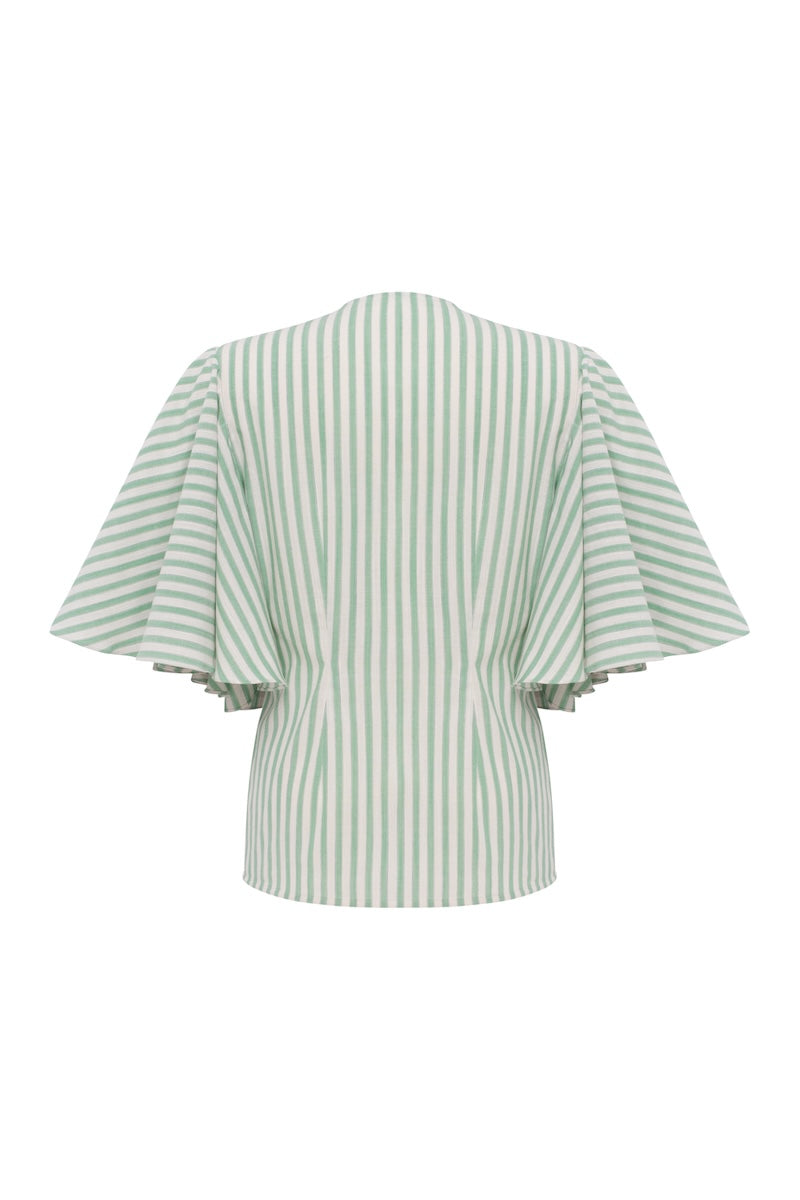 Podyh NAR blouse in green and white, stylish shirt with a relaxed fit, shown on a hanger against a neutral background.