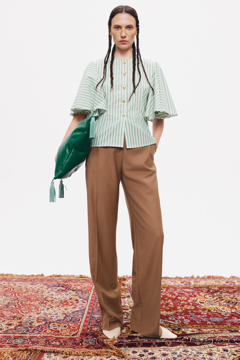 Podyh NAR blouse in green and white with a stylish shirt design, featuring a relaxed fit and button-down front.