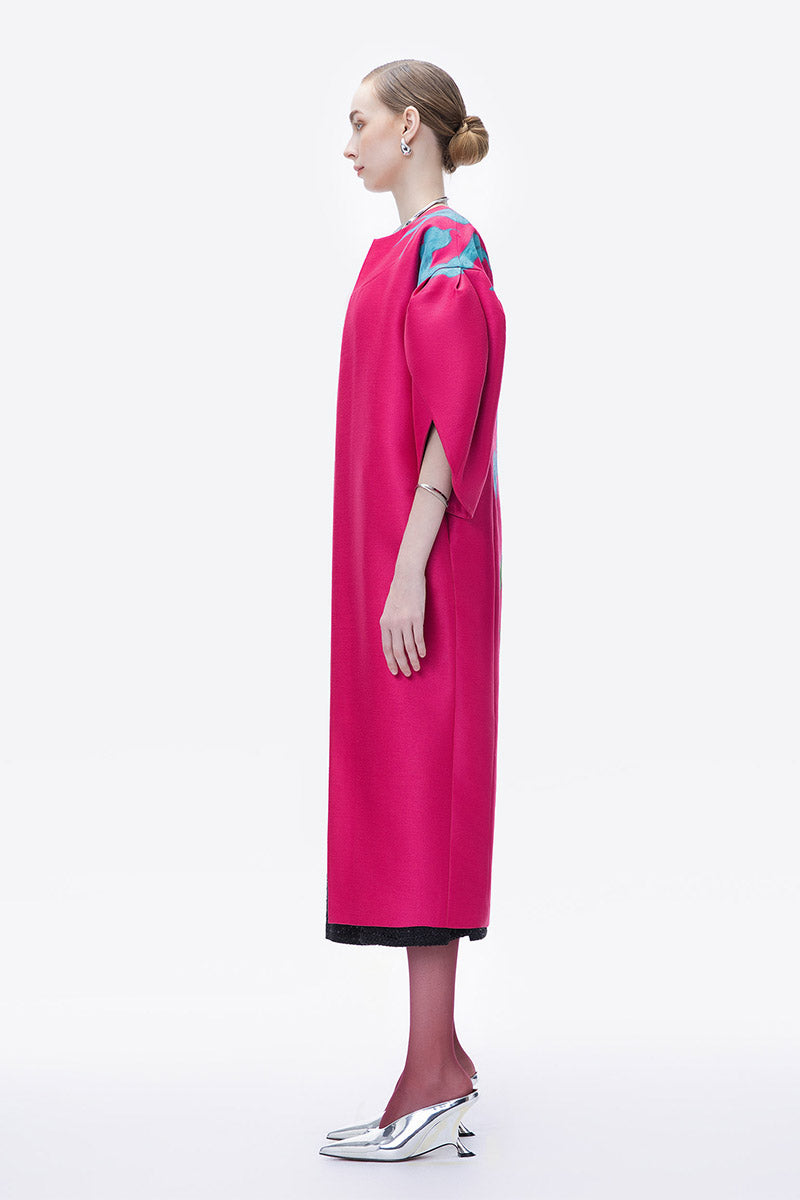 Hand-painted pink coat from Tiny Ink featuring an abstract design, showcased in a stylish coat image.