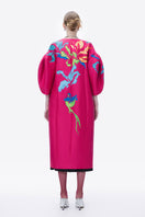 Hand-painted pink coat by Tiny Ink featuring abstract design, stylish coat suitable for casual and formal wear.