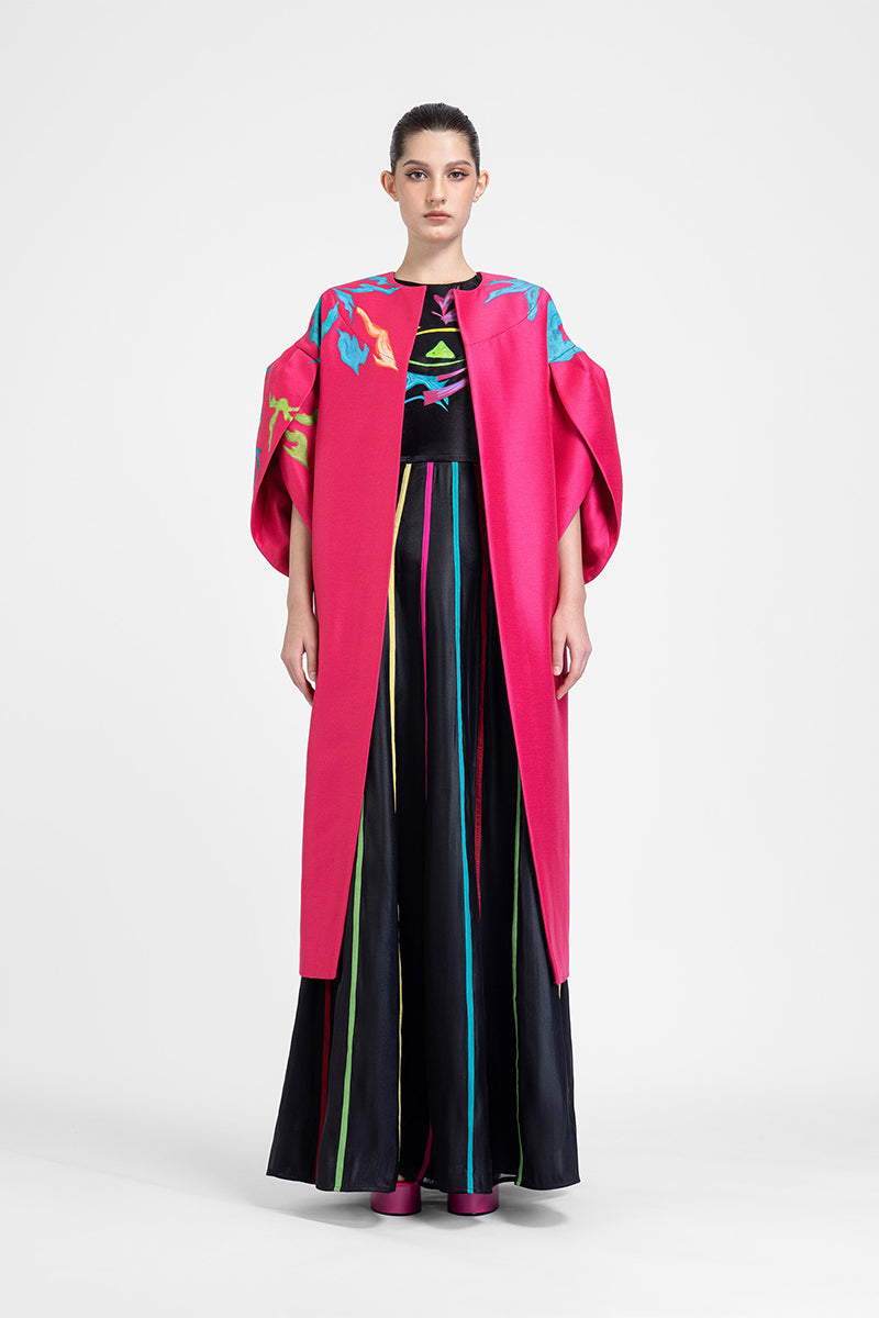 Tiny Ink pink bush coat featuring a hand-painted abstract design, stylish and vibrant outerwear for women.