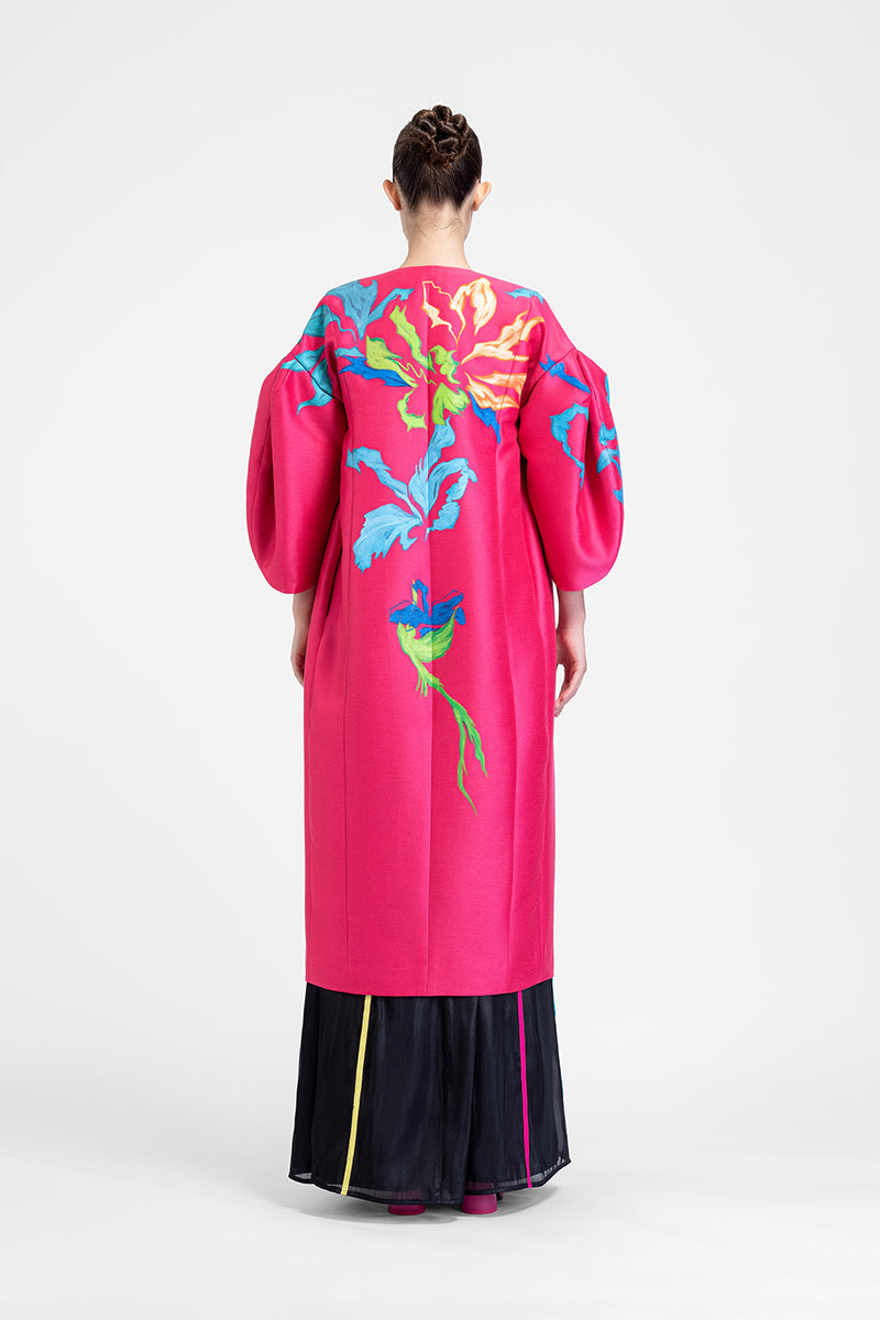 Hand-painted pink coat from Tiny Ink with abstract design, featuring a stylish and vibrant outerwear piece.