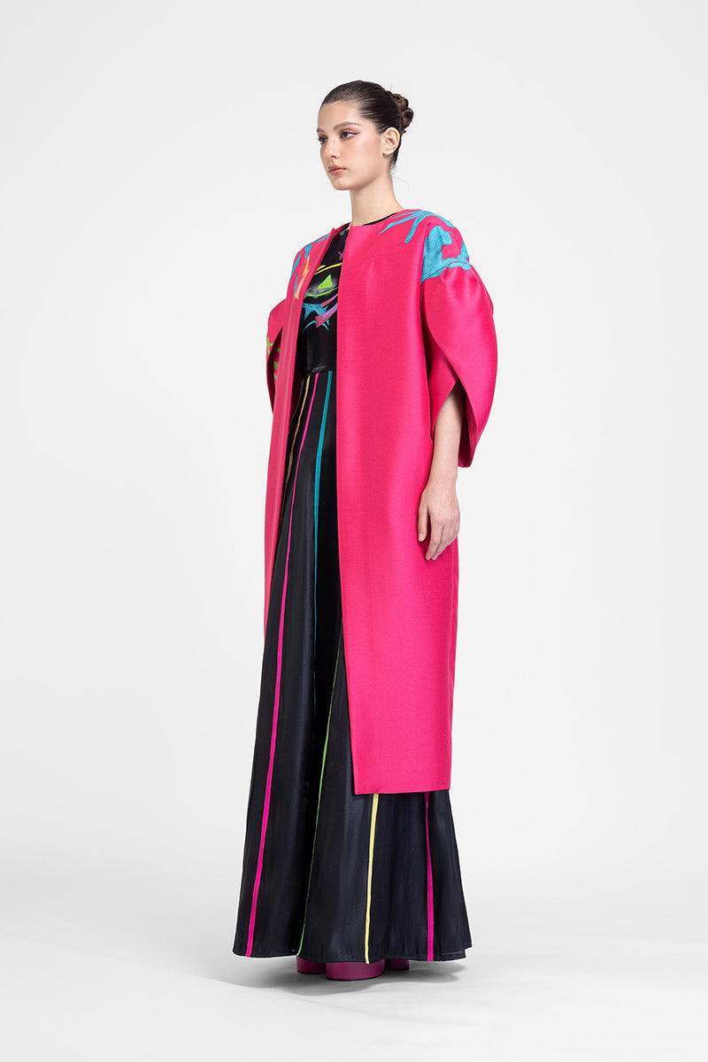 Hand-painted pink coat by Tiny Ink featuring abstract art, stylish and vibrant outerwear for contemporary fashion.