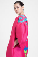 Hand-painted pink coat by Tiny Ink featuring abstract design, stylish coat perfect for adding vibrant color to any outfit.