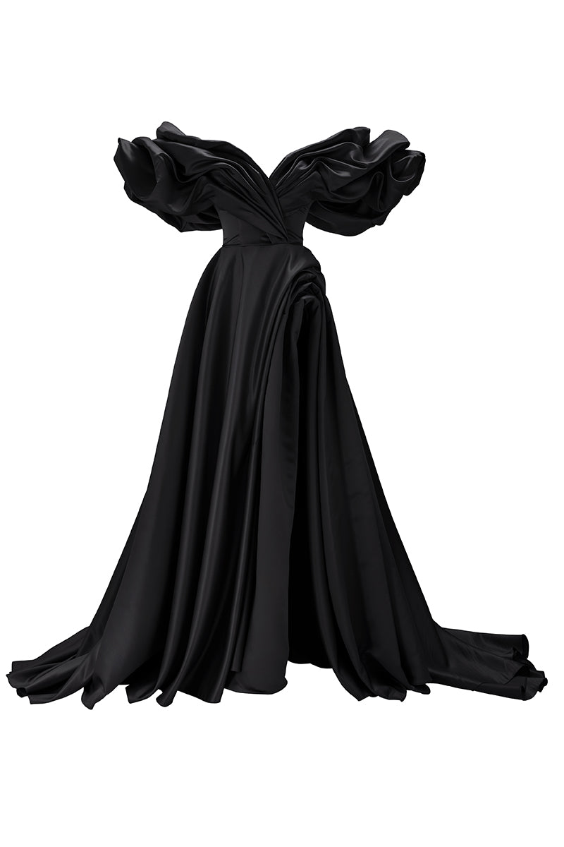 Black volume sculpted gown by Monetre featuring a fitted silhouette and elegant design, perfect for formal occasions.