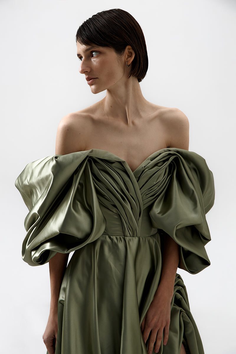 VOLUME SCULPTED DRESS IN OLIVE - CULT MIA