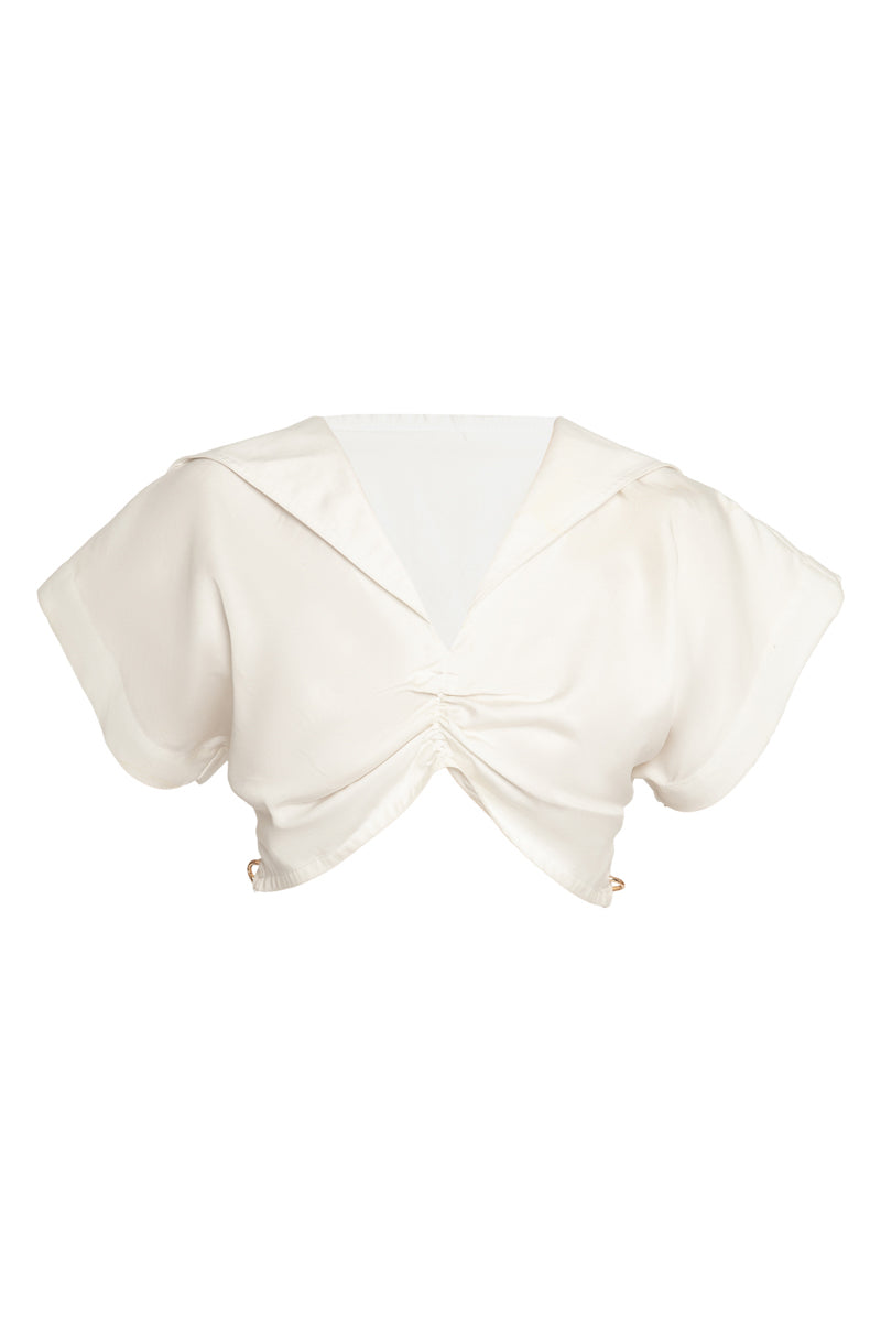CROPPED COTTON SHIRT WITH EMBROIDERED SAILOR COLLAR AND PIERCED DETAILS - CULT MIA