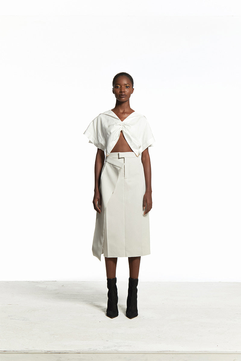 CROPPED COTTON SHIRT WITH EMBROIDERED SAILOR COLLAR AND PIERCED DETAILS - CULT MIA