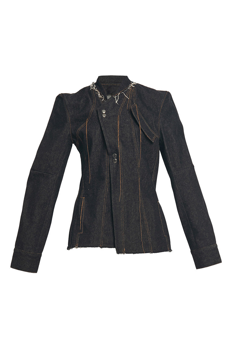 ASYMMETRICAL DENIM JACKET WITH RAW FINISHING - CULT MIA