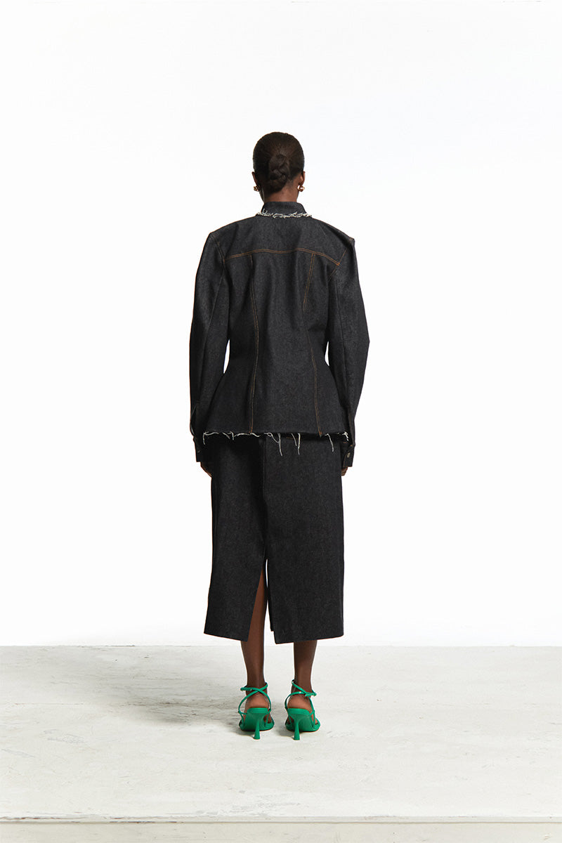 ASYMMETRICAL DENIM JACKET WITH RAW FINISHING - CULT MIA