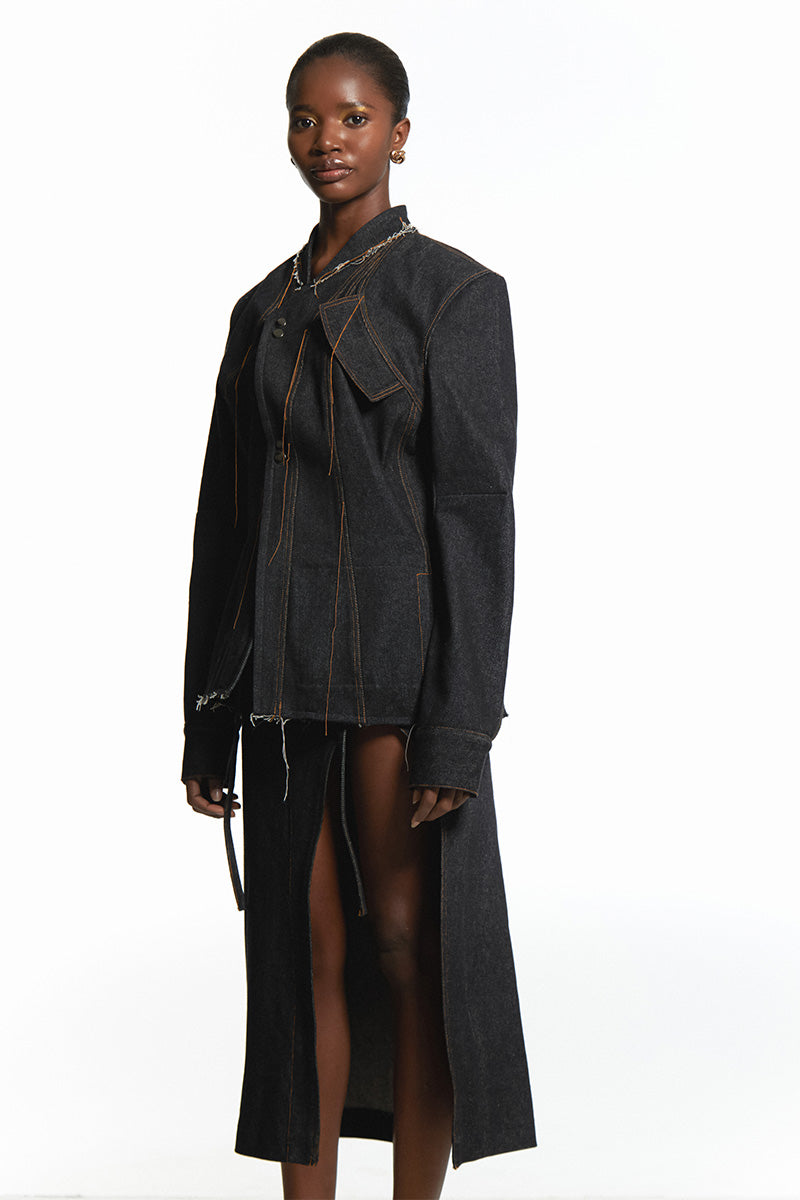 ASYMMETRICAL DENIM JACKET WITH RAW FINISHING - CULT MIA