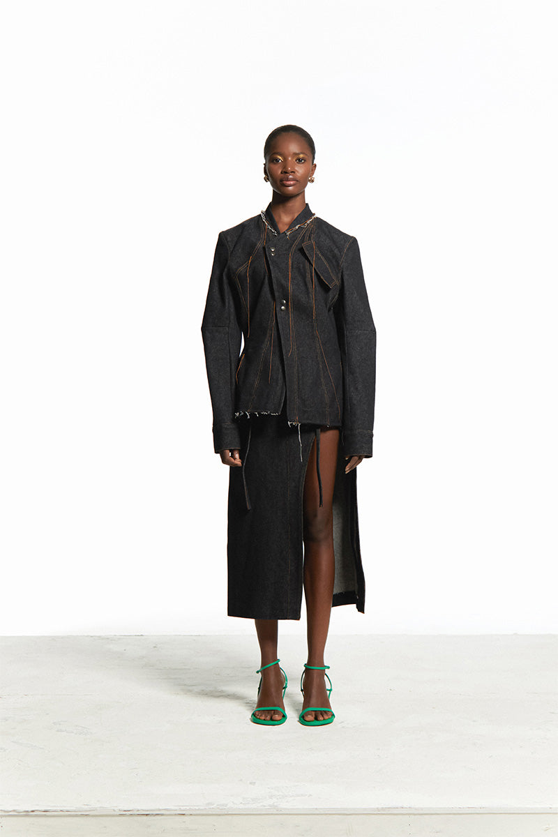 ASYMMETRICAL DENIM JACKET WITH RAW FINISHING - CULT MIA