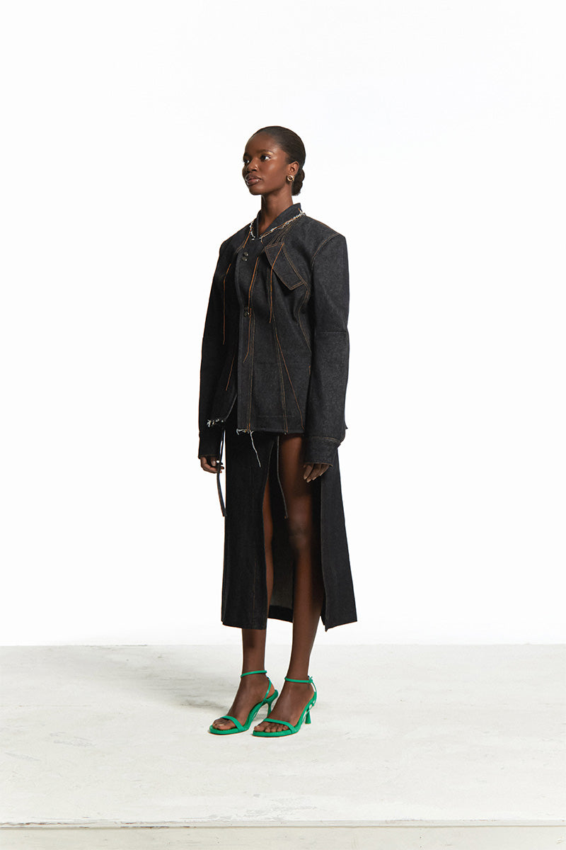 ASYMMETRICAL DENIM JACKET WITH RAW FINISHING - CULT MIA