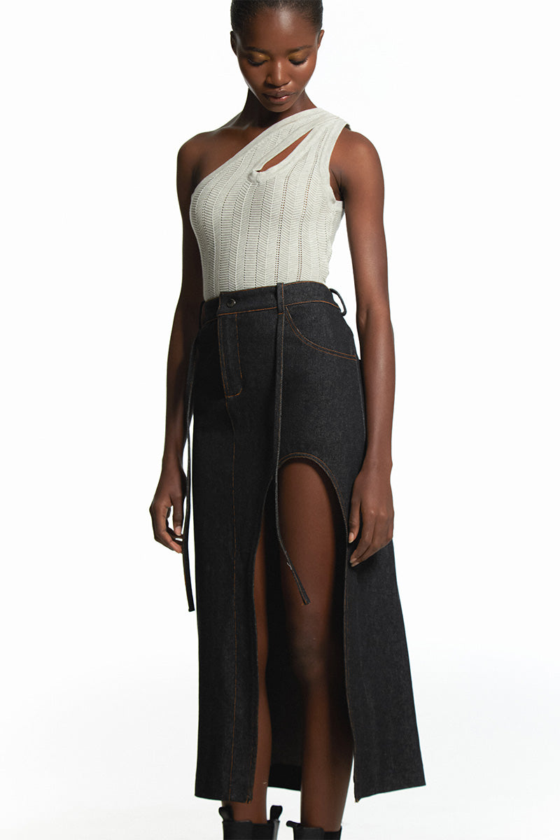 CUT OUT SLIT DENIM SKIRT - CULT MIA