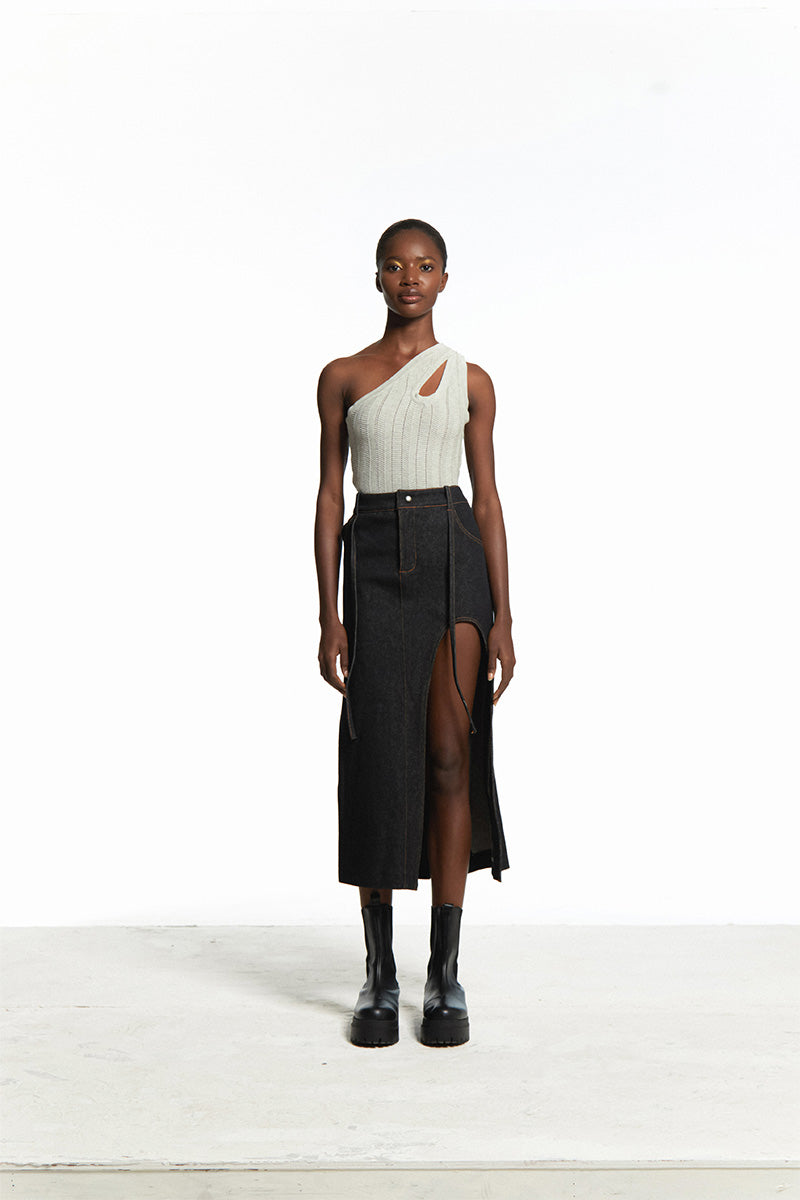 CUT OUT SLIT DENIM SKIRT - CULT MIA
