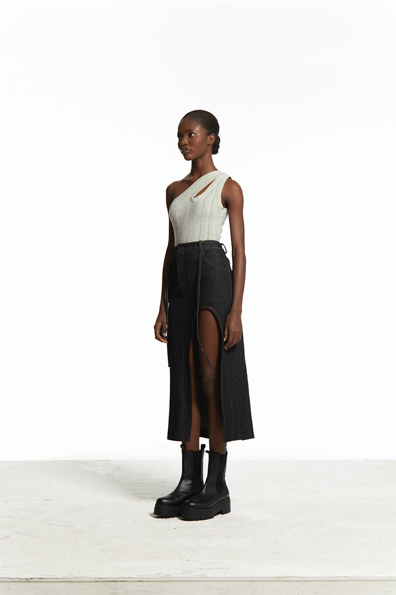 CUT OUT SLIT DENIM SKIRT - CULT MIA