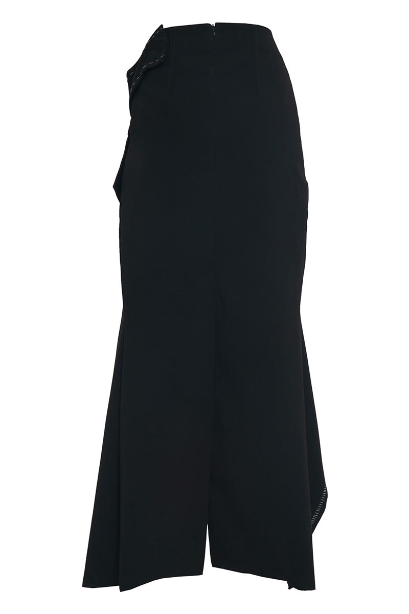 Sean Sheila deconstructed black maxi skirt displayed from the back view, featuring a flowing silhouette and modern design details.
