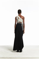 Sean Sheila deconstructed black maxi skirt, full-length with layered design, flowing fabric, and stylish silhouette.