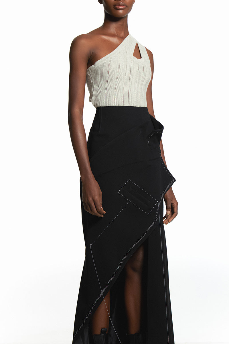 Sean Sheila deconstructed black maxi skirt, flowing fabric with layered design, stylish and elegant for casual or dressy wear.
