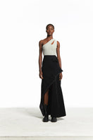 Black maxi skirt by Sean Sheila, featuring a deconstructed design with flowing fabric, shown from the front view.