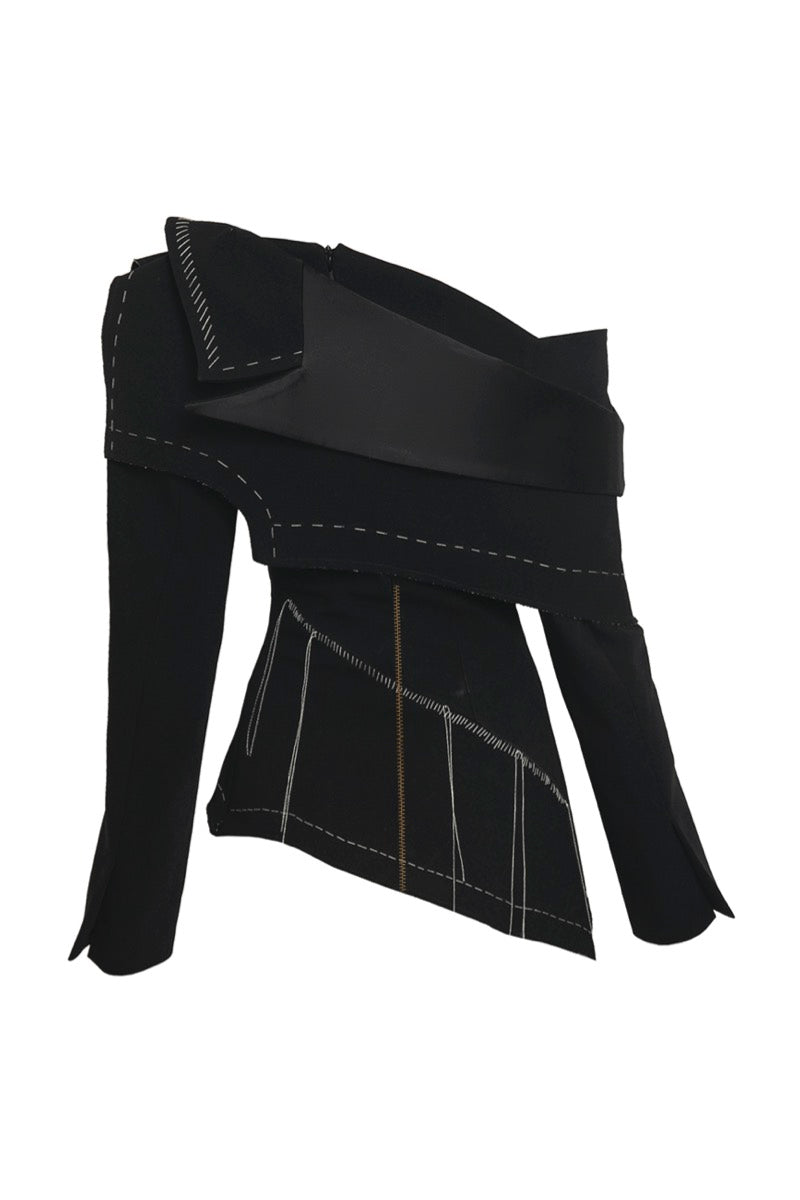 Sean Sheila deconstructed black top with back opening, stylish long-sleeve tops for modern fashion looks.