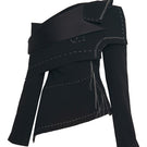 Sean Sheila black deconstructed top with back opening, stylish sleeveless design, shown from the front.