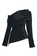 Sean Sheila black deconstructed top with back opening, stylish sleeveless design, shown from the front.
