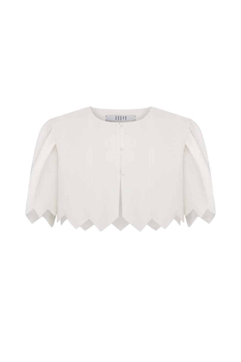 White crop top from PODYH's DZVINYTSYA collection, featuring a stylish, fitted design perfect for casual or trendy outfits.