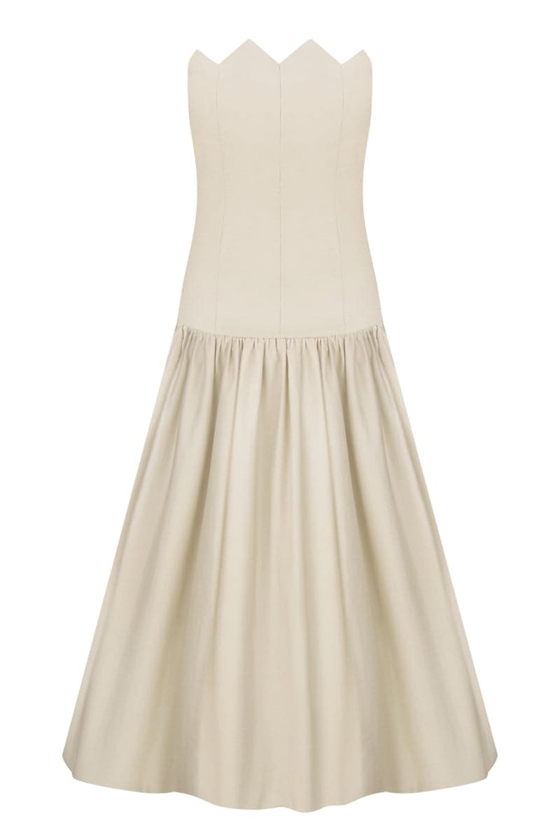 GONT BEIGE STRAPLESS A-LINE MIDI DRESS - CULT MIA