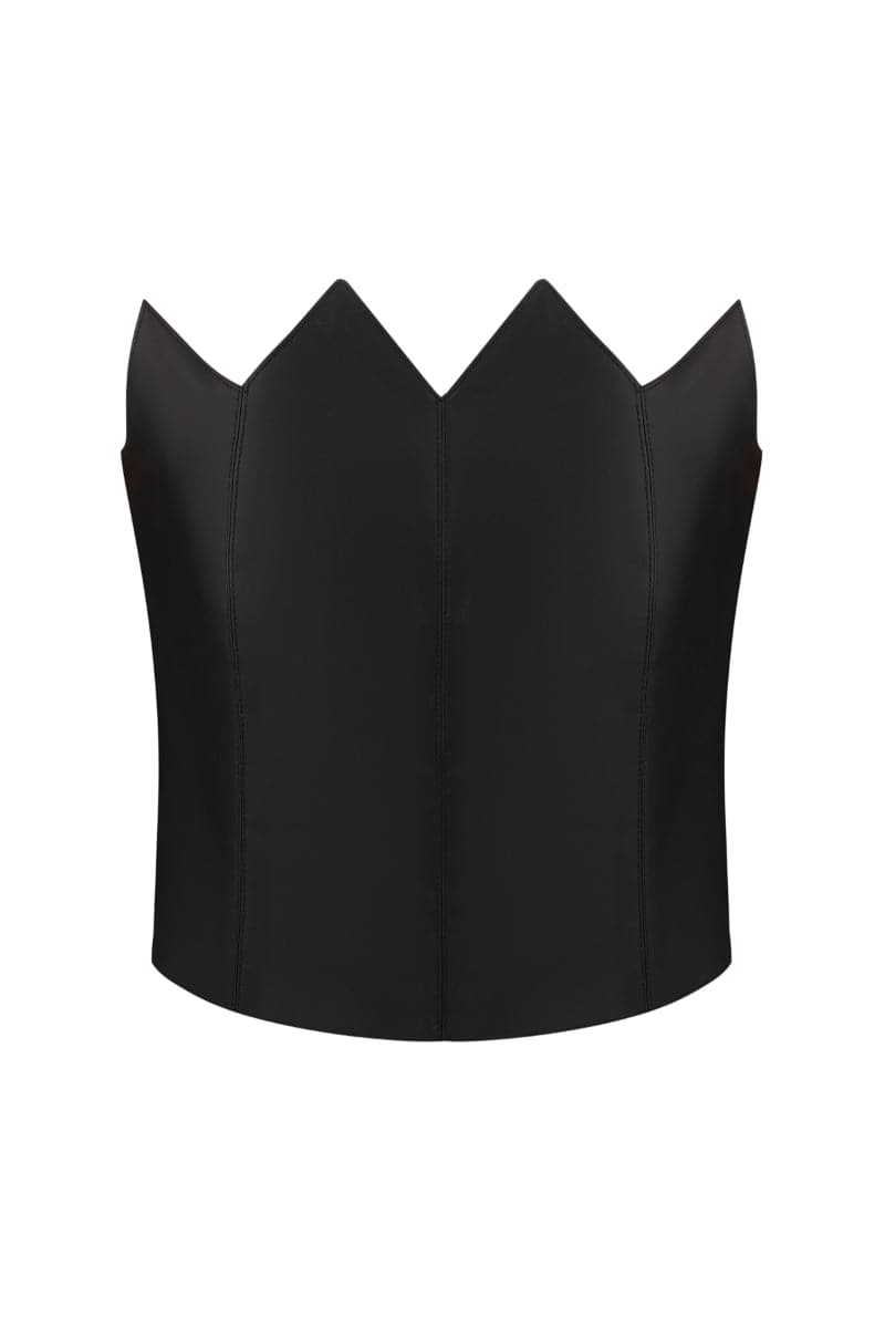 Black scalloped edge corset top by PODYH, stylish and fitted with intricate scalloped detailing on the edges.