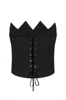 Black scalloped edge corset top by PODYH, featuring structured design and intricate detailing, perfect for stylish outfits.