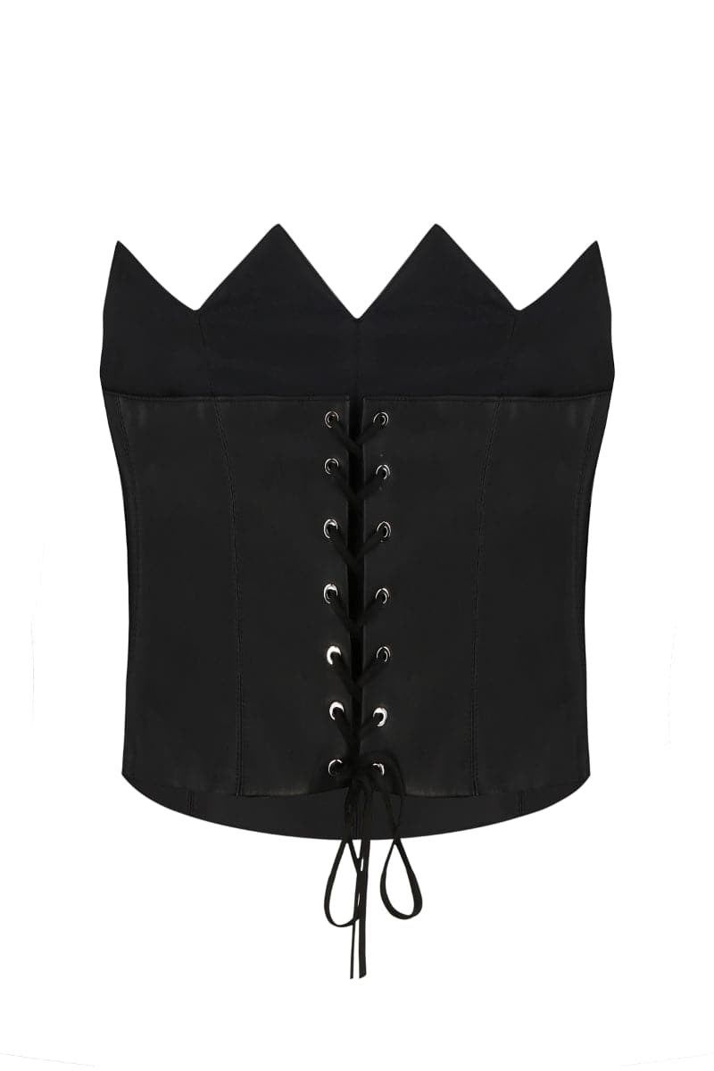 Black scalloped edge corset top by PODYH, featuring structured design and intricate detailing, perfect for stylish outfits.