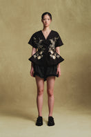 Sean Sheila black embroidered kimono top with intricate embroidery, front view showcasing elegant design and lightweight fabric.