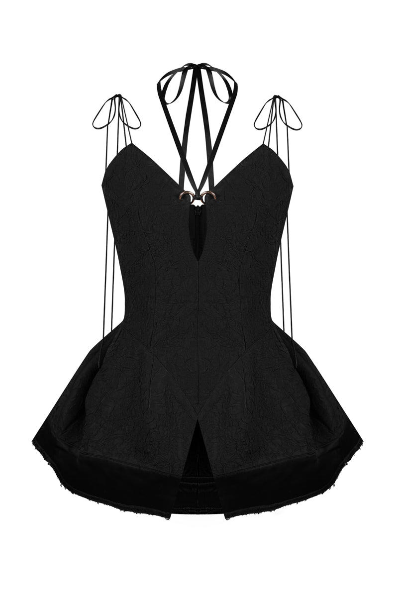Black balloon hem top by Sean Sheila, front view showing relaxed fit and stylish balloon sleeve details.
