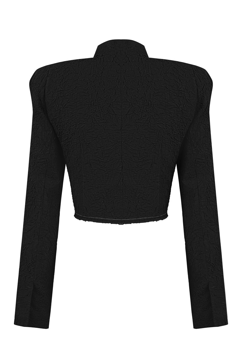 Sean Sheila black cropped crinkled jacket, stylish and lightweight, shown from the back with textured fabric and modern design.