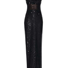 Lili Blanc black sequin gown with a fitted silhouette, front view showing shimmering sequins and elegant design.