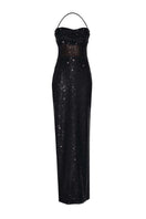 Lili Blanc black sequin gown with a fitted silhouette, front view showing shimmering sequins and elegant design.