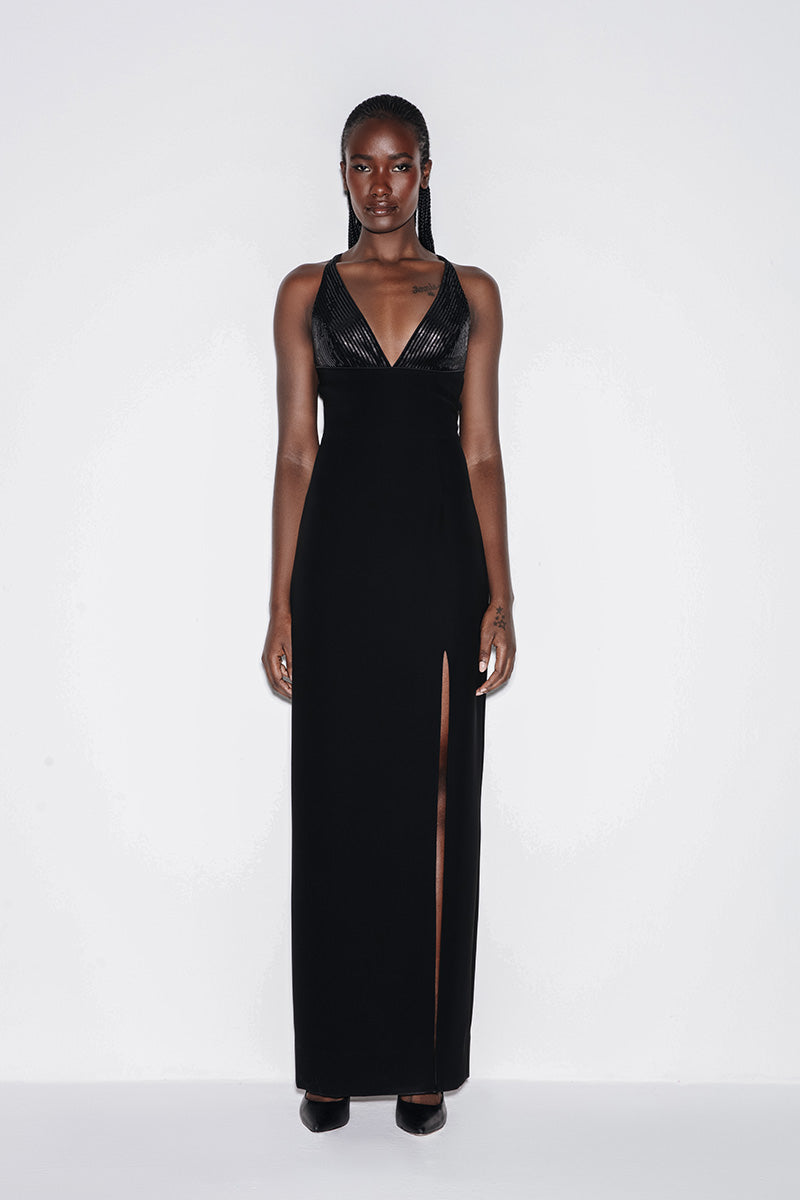 V-NECK SEQUIN MAXI DRESS IN BLACK - CULT MIA