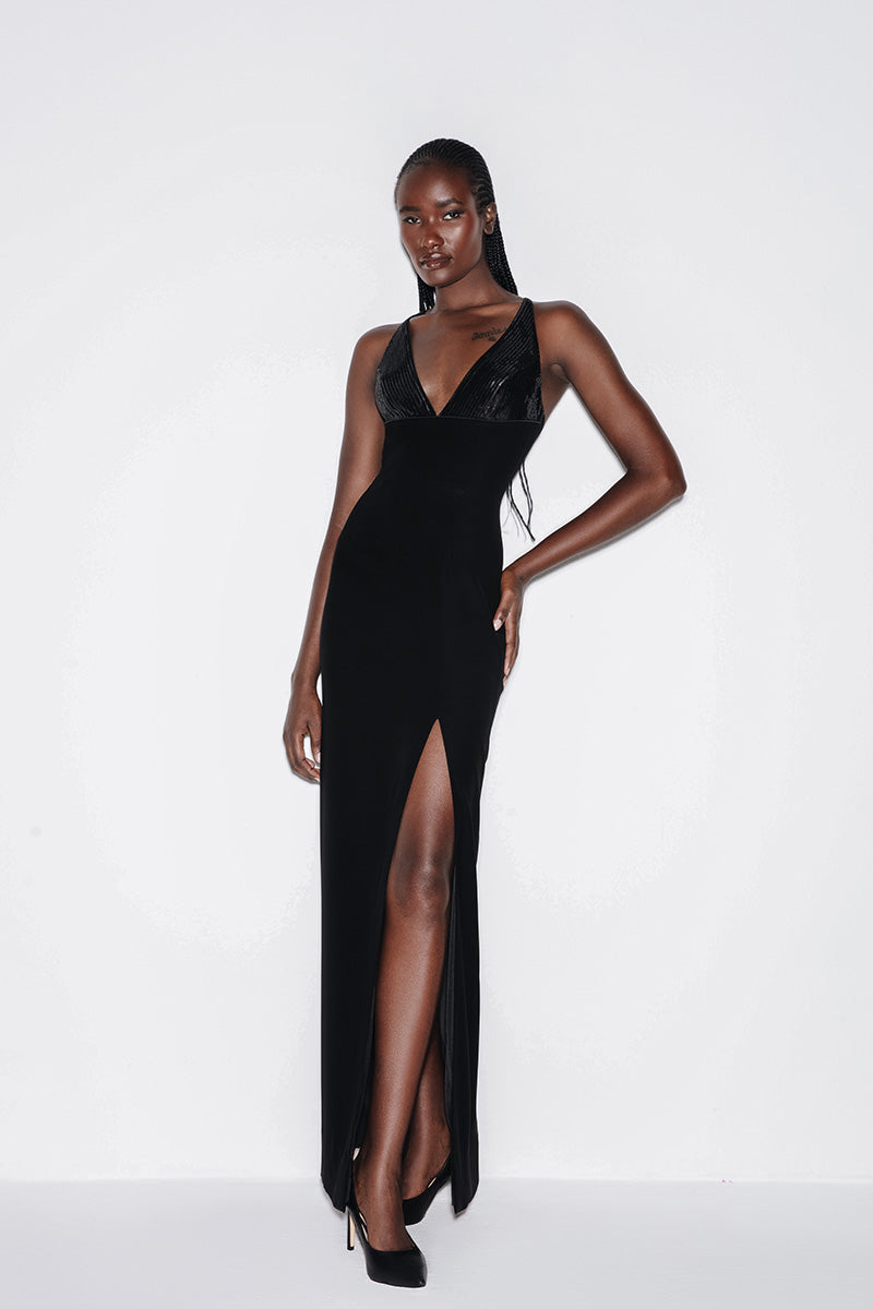 V-NECK SEQUIN MAXI DRESS IN BLACK - CULT MIA