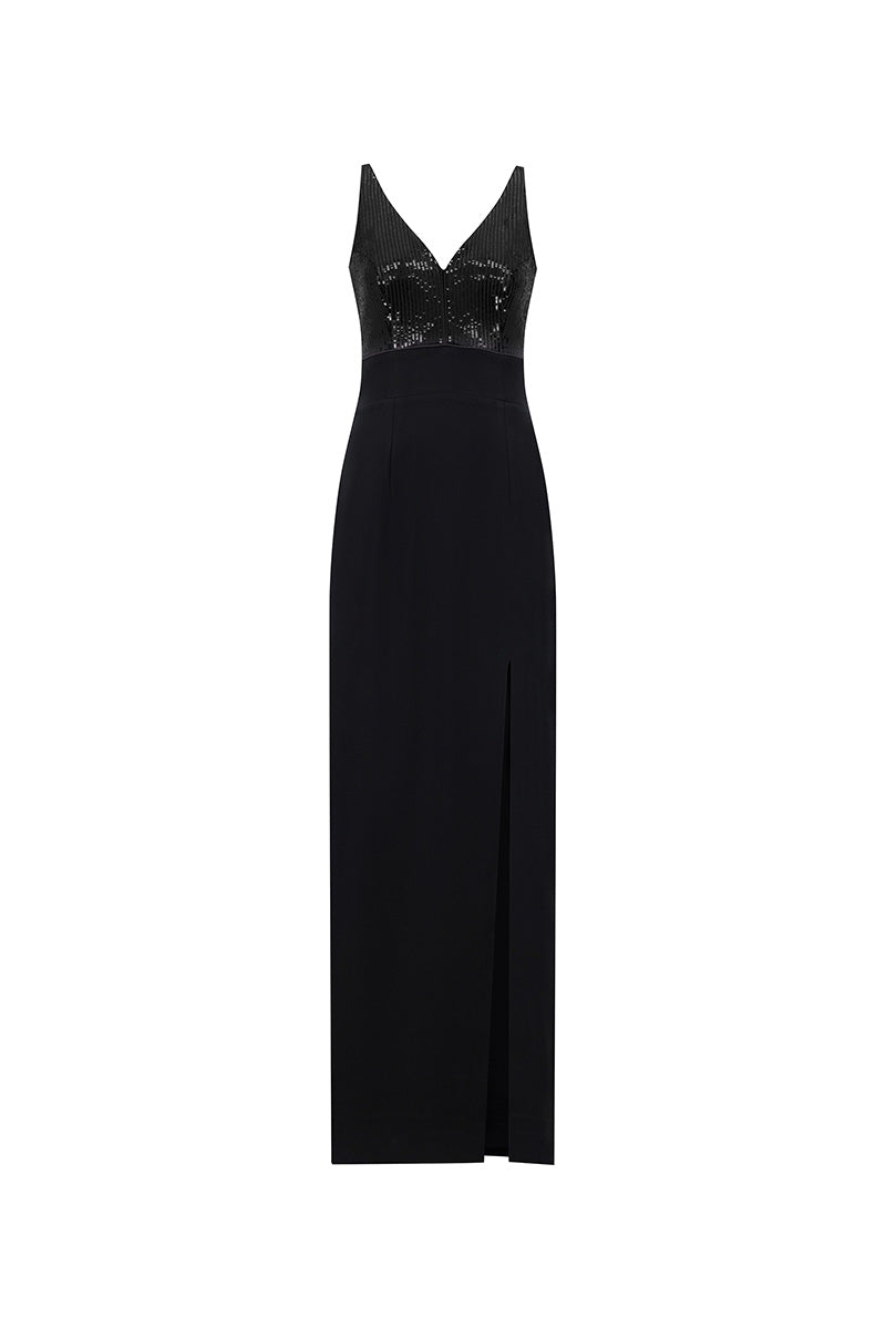 V-NECK SEQUIN MAXI DRESS IN BLACK - CULT MIA
