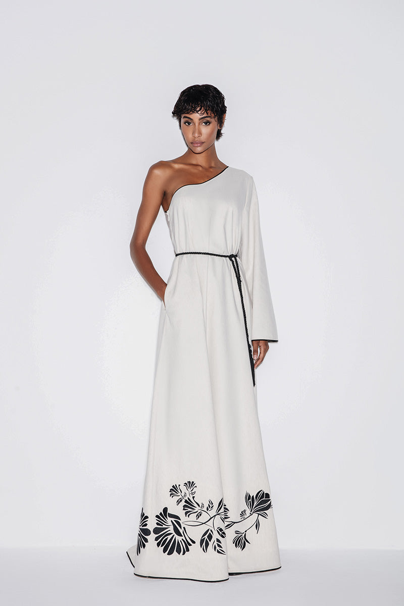 ONE-SHOULDER EMBROIDERED MAXI DRESS IN BEIGE - CULT MIA
