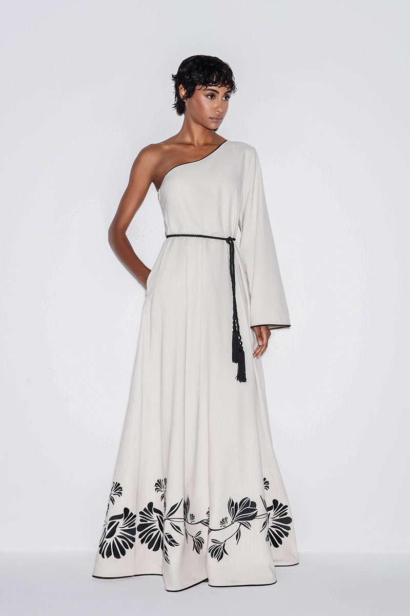 ONE-SHOULDER EMBROIDERED MAXI DRESS IN BEIGE - CULT MIA