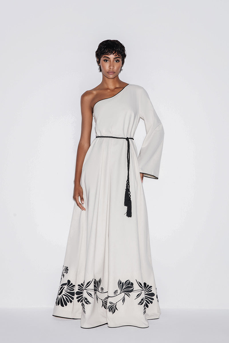 ONE-SHOULDER EMBROIDERED MAXI DRESS IN BEIGE - CULT MIA