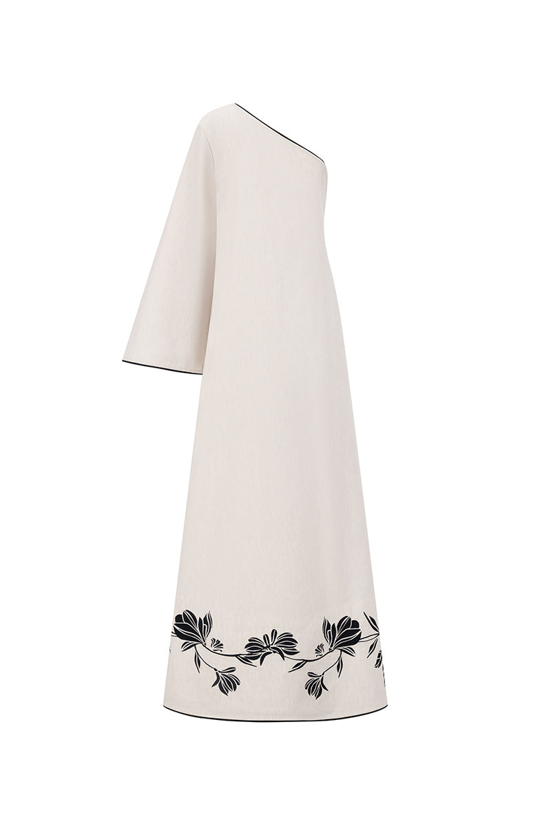 ONE-SHOULDER EMBROIDERED MAXI DRESS IN BEIGE - CULT MIA