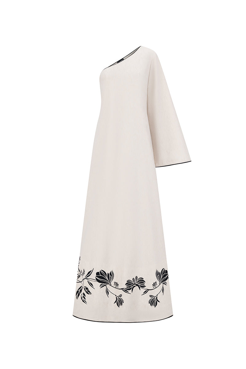 ONE-SHOULDER EMBROIDERED MAXI DRESS IN BEIGE - CULT MIA