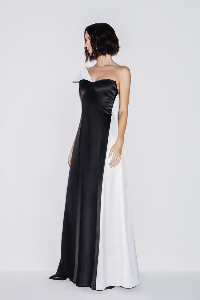 ASYMMETRIC GOWN IN MONOCHROME - CULT MIA