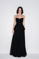 Black sweetheart neckline gown by Lili Blanc, showcasing elegant fabric and fitted silhouette for formal occasions.