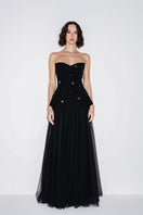 Black sweetheart neckline gown by Lili Blanc, elegant formal dress with fitted bodice and flowing skirt.